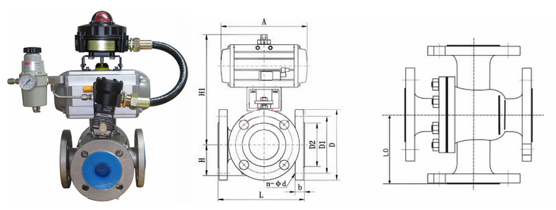 Pneumatic 4 way ball valve structure